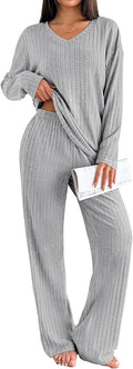 Ekouaer Lounge Sets for Women Long Sleeve Knit Ribbed Pajama Sets 2 Piece Casual Loungewear with Pockets