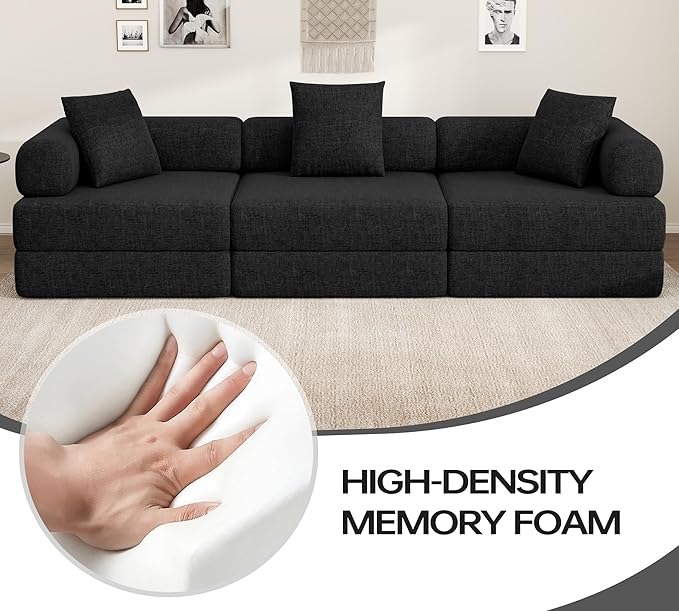DURASPACE 117.6'' Convertible Folding Sofa Bed, Floor Sleeper Sofa Couch with Fixed-Shape Frame, Oversized Modular Sectional Couch for Living Room, No Assembly Required (Chenille Black)