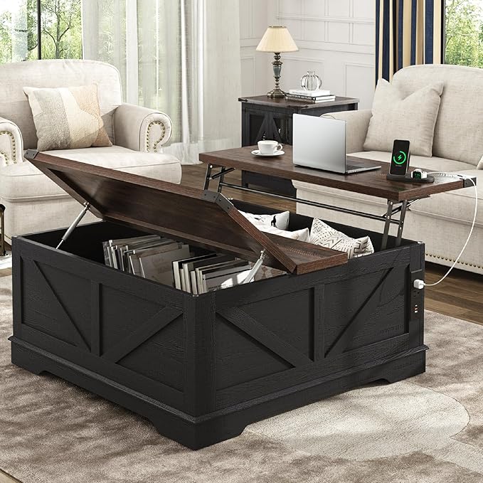 Hlivelood 40” Large Farmhouse Lift Top Coffee Table with Power Outlets and Large Hidden Storage, Square Wood Living Room Tables, Multi-Function Lift Wooden Barn Door Center Table, Black