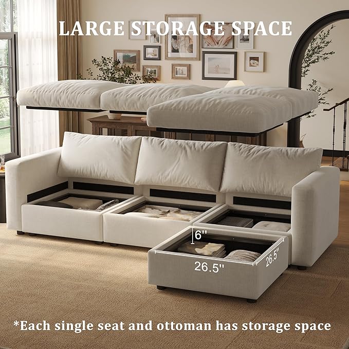 Cloud Modular Sectional Sofa Couch with Storage Ottoman, 99" Oversized Sectional Couches for Living Room, Cloud Modular L-Shaped Sofa with Chaise, 6 Seater, Chenille, Beige