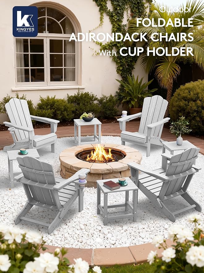 KINGYES Folding Adirondack Chair Set of 4, HDPE All-Weather Patio Chairs with Cup Holder, Wooden Textured Fire Pit Chairs for Poolside, Backyard, Deck, Silver Grey