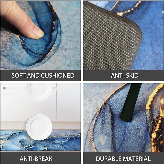 Blue Kitchen Rugs Set of 2 Kitchen Mats Cushioned Anti Fatigue Abstract Gold Marble Kitchen Mat Waterproof Non Slip Comfort Memory Foam Standing Mat for Kitchen Floor