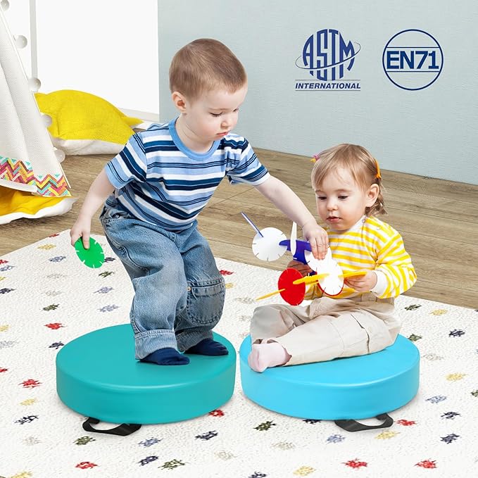 DORTALA 6 PCS Round Flexible Seating Floor Cushions, PU + EPE Portable Classroom Cushion w/Handles, Stackable Seating Cushions for Classroom, Daycare, Preschool (Blue)