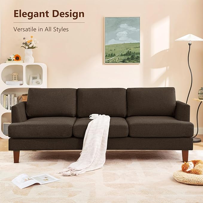 3 Seater Sofa Couch with Deep Seats, 89" Mid Century Modern Upholstered Sofa with Armrests, Comfy Couches for Living Room, Bedroom, Apartment and Office (Brown)