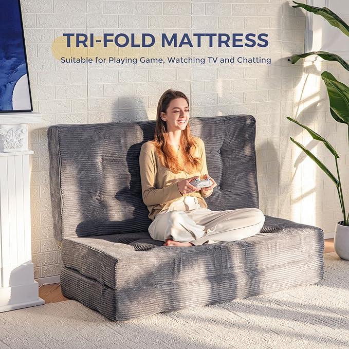 MAXYOYO Tri-Fold Mattress, 6 Inch Tufted Folding Futon Foam Bed, Foldable Floor Mattress Guest Bed Futon Topper Portable Camping Sleeping with Corded Fabric, Dark Grey, 35.4"x75"
