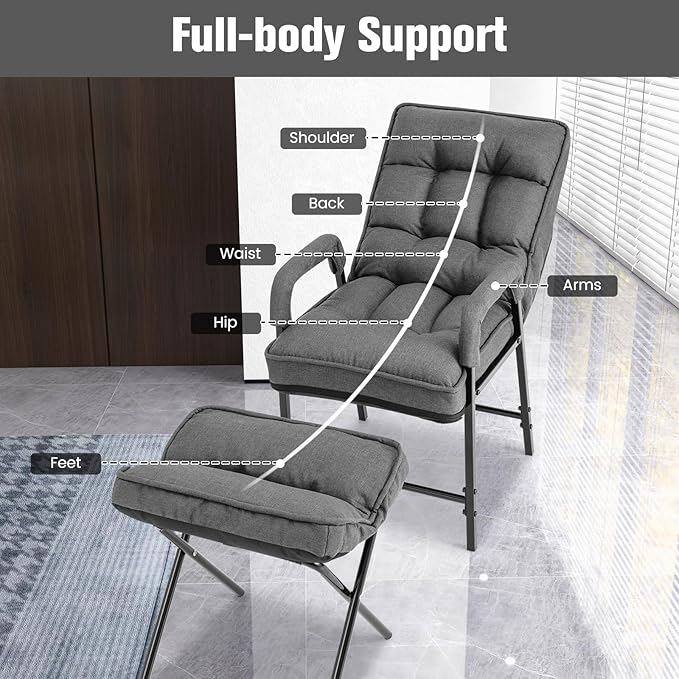 Giantex Modern Accent Chair with Ottoman, Upholstered Arm Chair with Adjustable Backrest & Solid Metal Frame, Linen Fabric Single Sofa Chair and Footrest Set for Bedroom, Living Room (Grey)