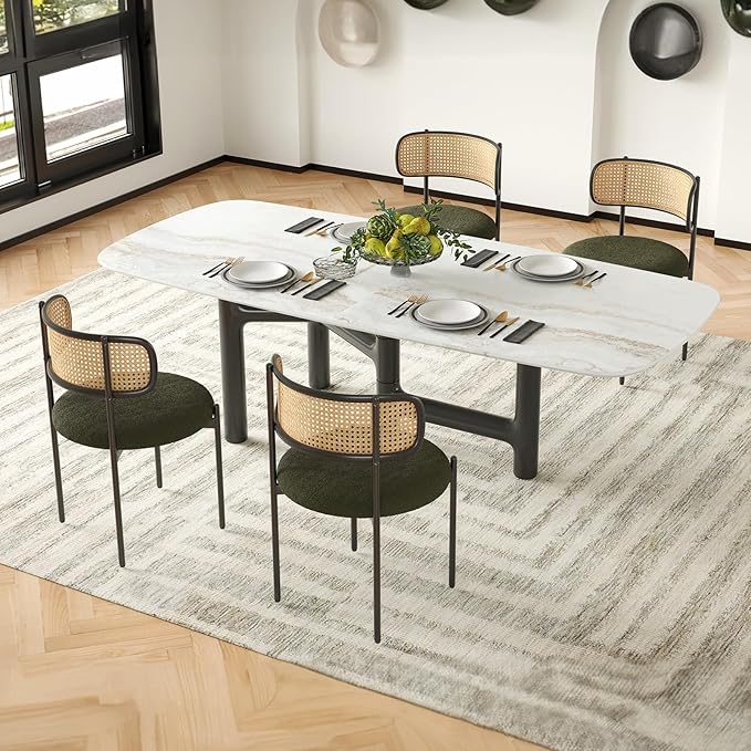 Farini Modern Upholstered Dining Chairs Set of 2,Rattan Back Dining Room Chairs,Accent Kitchen Chairs with Metal Legs,Green