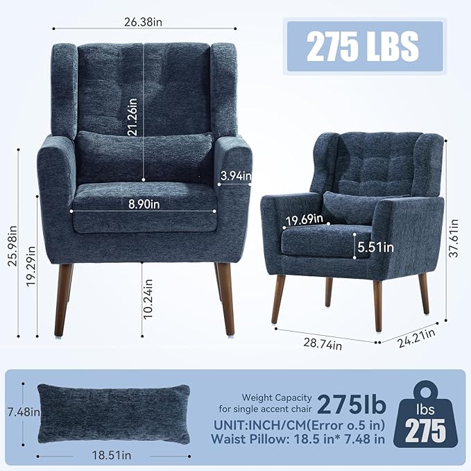 QKFF Accent Chair Set of 2, Upholstered Armchair with Pillow, Fabric Single Sofa Chair with Lounge Seat and Wood Legs Accent Chair for Living Room Small Spaces (Dark Blue, Set of 2)