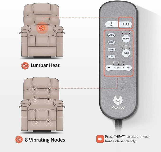 MCombo Small-Wide Power Lift Recliner Chair with Massage and Heat for Petite Elderly People, 3 Positions, 2 Side Pockets, USB Ports, Faux Leather R7410 (Beige, Small-Wide)
