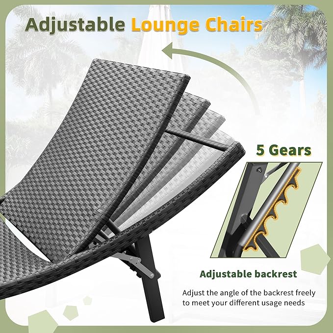 GUNJI Lounge Chairs for Outside 3 Pieces Patio Adjustable Chaise Lounge Outdoor Wicker Lounge Chairs Set of 2 with Table Folding Chaise Lounger for Poolside, Deck, Lawn (Red)