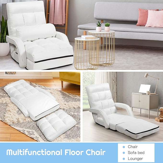 COSTWAY Adjustable Floor Chair, Folding Lazy Sofa Chair with 5 Positions, Detachable Seat Cushion, Indoor Chaise Lounge Sofa Bed for Living Room, Bedroom, Office (White)