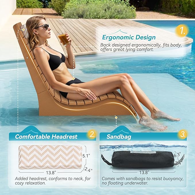 Homenjoy HDPS Pool Lounge Chairs Set of 2, Use in Pools Lounge Chairs up to 10-Inches of Water, Chaise Chairs with Headrest, Lounge Chair Outdoor, Fade-Resistant Pool Lounger for Deck