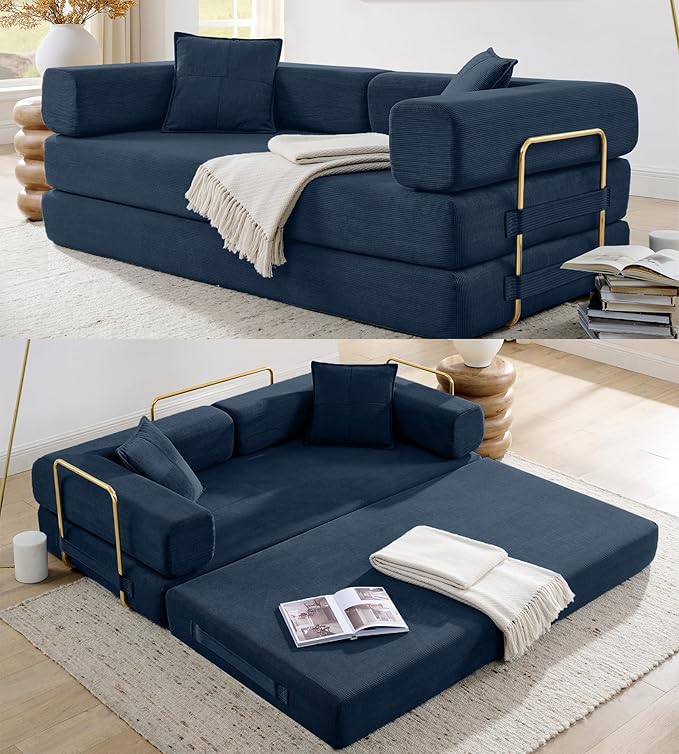 78" Convertible Sleeper Sofa Bed, Corduroy Folding Sofa Bed with Fixed-Shape Frame, Fold Out Floor Mattress Couch, Lazy Compression Sofas for Living Room, Bedroom, No Assembly Required, Blue