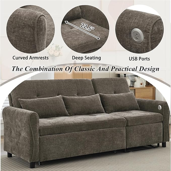Gagawin 2 in 1 Convertible Sofa Bed with Reversible Recliner, Chenille 3-Seater Couch Sleeper with Pull Out Bed & Adjustable Backrest & Dual USB Charging Ports for Living Room, Gray