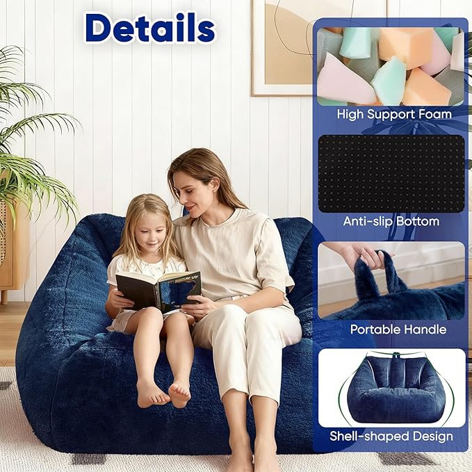 Giant Bean Bag Chair, Oversized Bean Bag Couch for Adults and Kids, Faux Fur Shell-Shaped Large Chair with Filler, Stuffed Big Accent Sofa Lounge Floor Sofa for Gaming, Reading