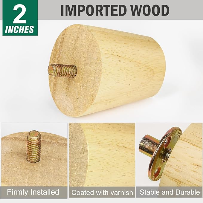 FoDau770 Rubber Wood Furniture Legs 2 Inches, Slant Tapered Wood Feet Mid Century Sofa Legs Set of 4, 5/16" UNC Furniture Feet Replacement Parts for Cabinet Couch Dresser Chair Ottoman Table