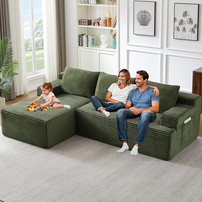 96.1" Modular Sectional Sofa Couches L-Shape Couch 3 Seat Modular Sofa Corduroy Memory Foam Sectional Boneless Couches for Living Room, Cloud Couch with Oversized Chaise(Green, Left Facing)