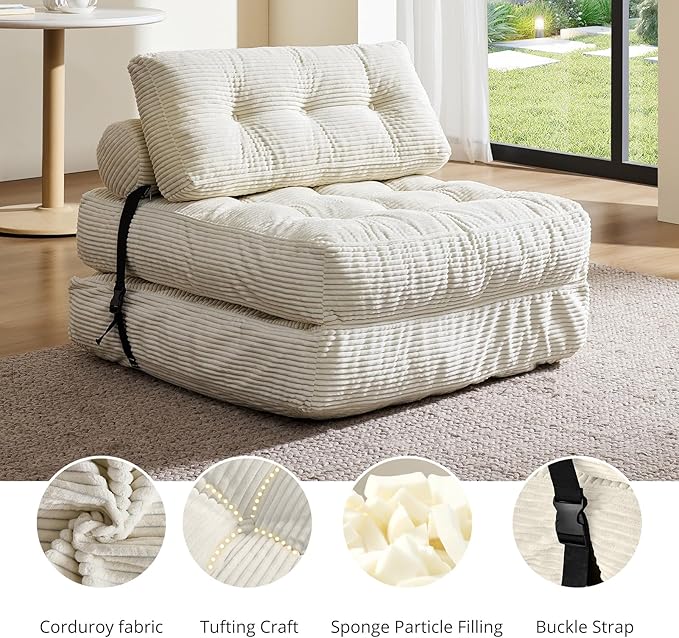 Convertible Sofa & Couch Bed - Oversized Adult Sleeper Chair & Bean Bag Chair, Foldable Floor Bed with Backrest, Comfortable Lazy Sofa for Bedroom, Living Room & Dorm (White, Single)