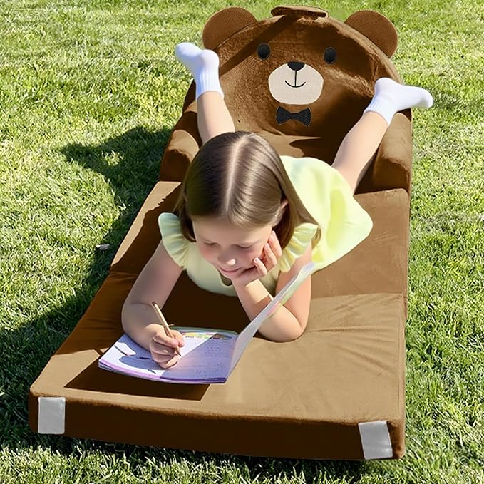ORWIPO Kids Sofa Bed with Removable Washable Cover & Magic-Tape Backrest – Foldable Toddler Chair, Cozy Crystal Velvet Furniture for Playtime, Naps & Travel (Soft Brown, Bear Design)