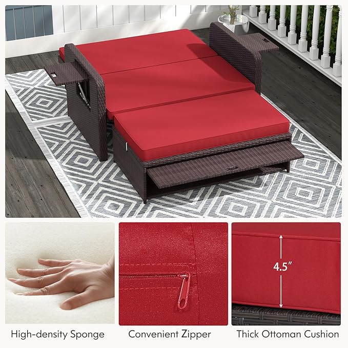 RELAX4LIFE Wicker Patio Outdoor Daybed - Rattan Day Bed Lounger with Loveseat & Storage Ottoman, Sunbed Sofa Set w/Cushions, 4-Level Adjustable Backrest & 2 Retractable Trays, Patio Daybed (Red)
