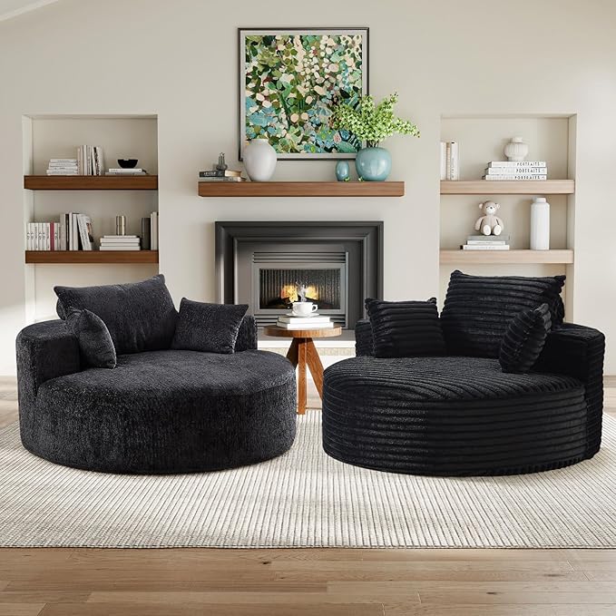 JEEOHEY Modern Round Accent Sofa Chair for Living Room, Upholstered Corduroy Barrel Lounge Arm Chair with Large seat&Throw Pillows for Bedroom, Office, Apartment, Black