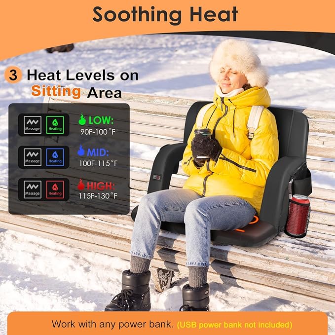 HOPERAN Massage Heated Stadium Seats for Bleachers with Back Support & Lumbar Pillow, 3 Level Heating & 6 Modes Massage Portable Heated Stadium Chairs for Bleachers