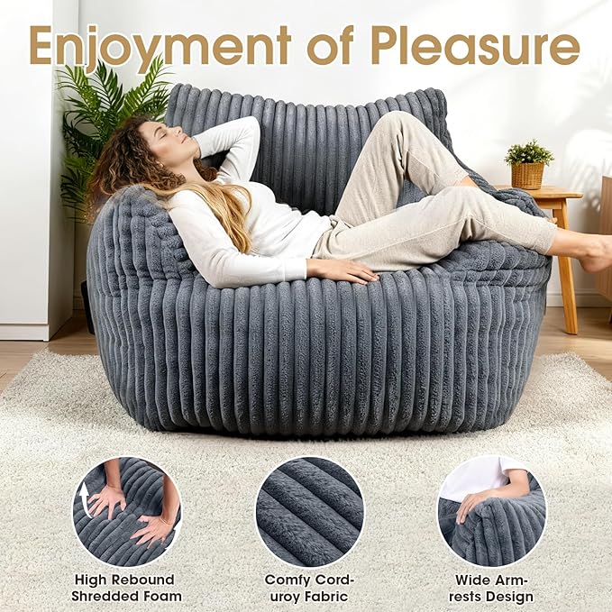 Giant Bean Bag Chair with Ottoman, Oversized Plush Comfy Bean Bag Sofa for Adults and Kids, Memory Foam Mini Couch Single Lounges for Living Room, Bedroom & Game Room(Gray)
