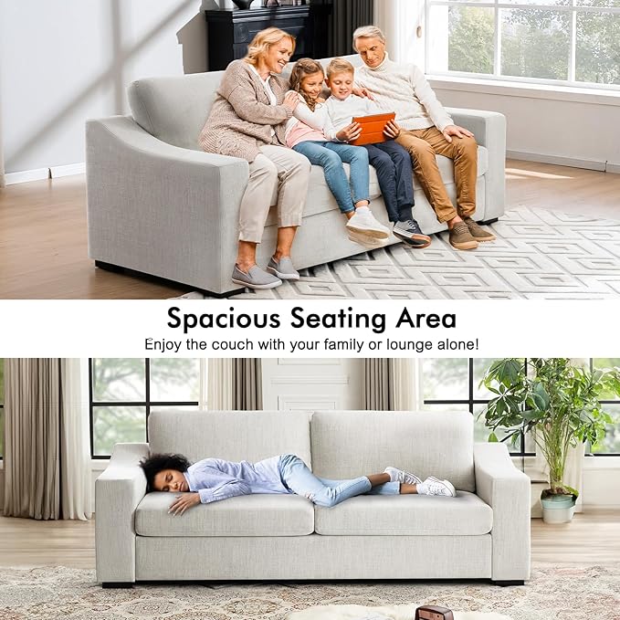 ELUCHANG Oversized 85" Couches for Living Room, Natural Linen Fabric Apartment Couch with Detachable Cover, Modern Loveseat Comfortable Deep Seat Sofa, Easy to Install, White