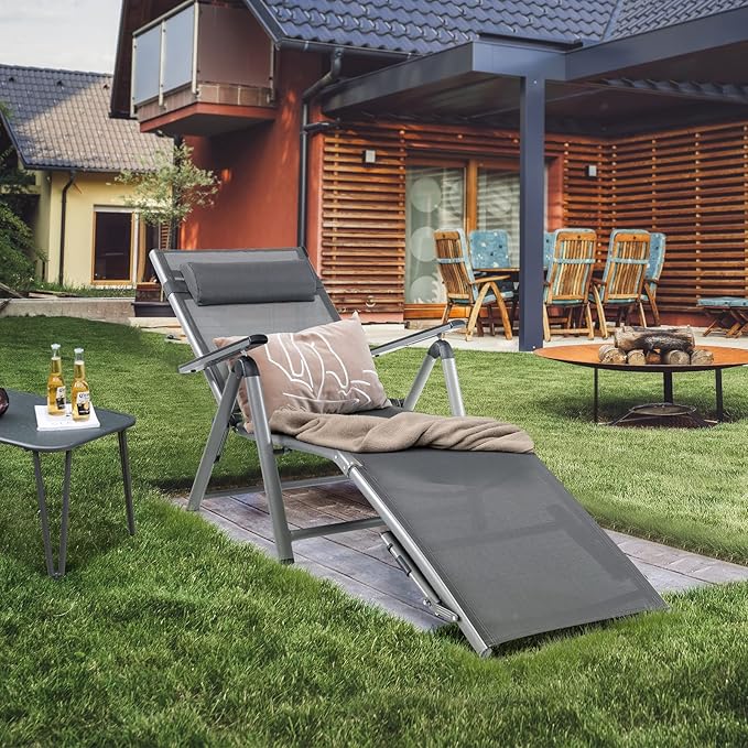 HAPPYGRILL Patio Lounge Chair Aluminum Chaise Lounge Chair with 8-Position Adjustable Backrest, 2-postion Footrest, Comfortable Headrest, Outdoor Folding Reclining Chair for Patio Poolside Backyard