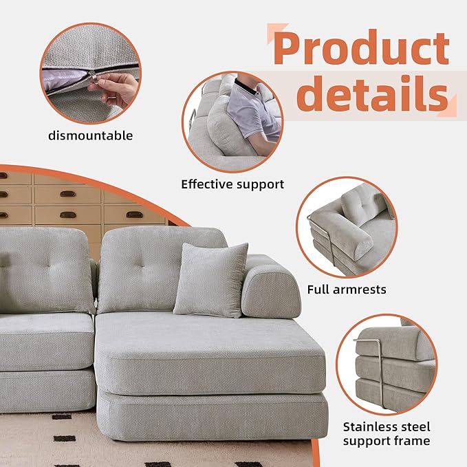 SUYOLS L Shaped 104" Modular Sectional Sofa Bed with Pillows, 8-in-1 Convertible Couch,Sturdy Stainless Steel Frame,Removable Washable Cover,High Resilience Sponge,for Living Room,Apartment,Light Gray