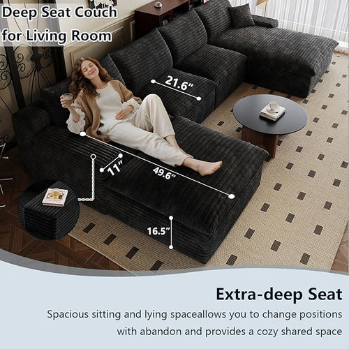 136" Cloud Sectional Couch U-Shaped Chaise with Ottoman, Corduroy Boneless Couch for Living Room Bedroom, Deep-Seat Upholstered Modular Cloud Sofa, No Assembly Required (Black, Right Facing Chaise)