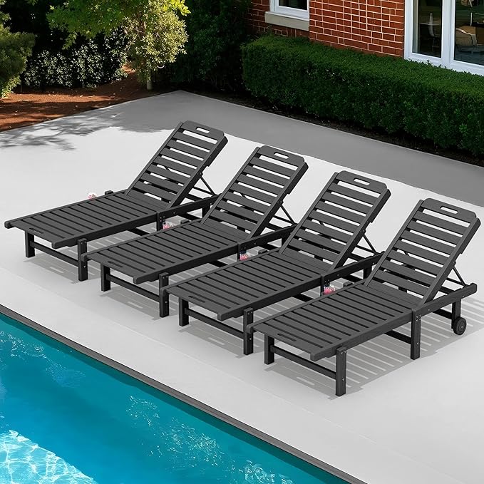 SERWALL Patio Chaise Lounge Set of 4, 78" Length Outdoor Lounge Chair with 5 Positions Adjustable Backrest, HDPE Lounger with Rolling Wheels & Cup Holder for Poolside, Beach, Garden, Grey