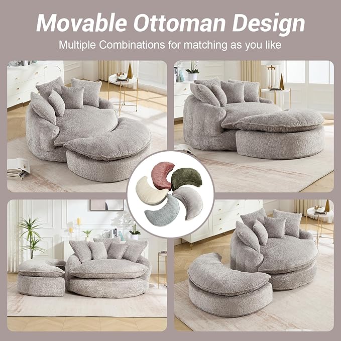 54" Oversized Round Chaise Lounge Indoor Boneless Bean Bag Chair with Movable Ottoman Fluffy Comfy Reading Chair Large Circle Cloud Couch Sleeper Sofa Bed for Living Room, Bedroom, Light Gray