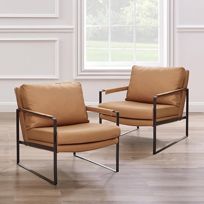 Zouron Genuine Leather Accent Chairs for Living Room, Set of 2, Mid Century Modern Chair with Black Metal Frame, Single Sofa Chair, Upholstered Lounge Reading Armchair, Khaki
