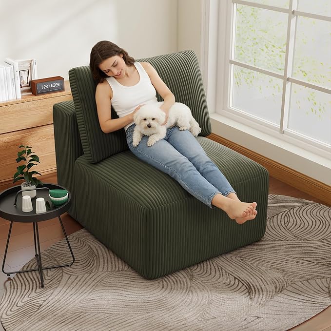 31" Modular Middle Seat Cloud Couch Extension, Armless Memory Foam Boneless Chair, Cozy Upholstered Corduroy Frameless Single Seat, No Assembly Required Accent Chair for Living Room Bedroom, Green