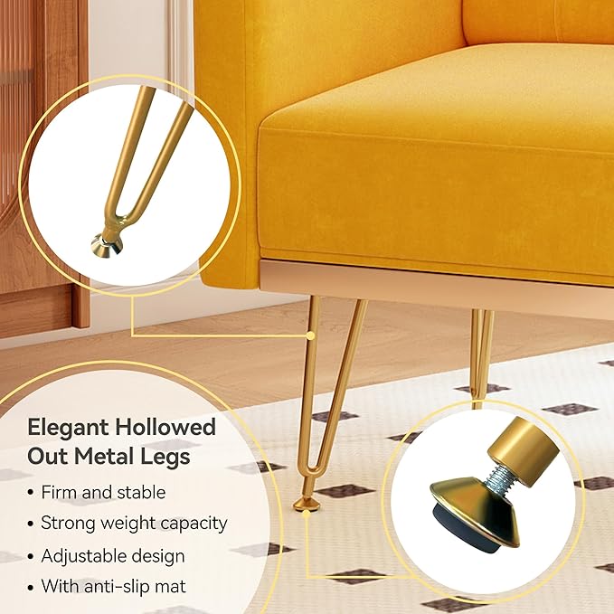 Accent Chair for Living Room, Comfy Oversized Velvet Upholstered Arm Chairs, Mid Century Modern Reading Single Sofa Side Chair with Tufted Back and Gold Legs for Bedroom (1, Mustard)