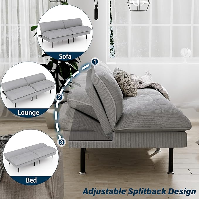 2 Sets 70" Futon Sofa Bed, 4 in 1 Multi-Function Couch Sleeper with Adjustable Backrest, Modern Convertible Futon, Recliner Small Loveseat for Living Room, Light Grey