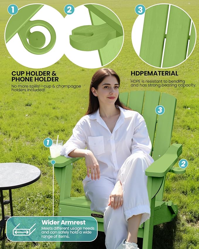 Folding Adirondack Chair, HDPE All-Weather Fire Pit Chairs, Plastic Adirondack Chairs with 2 Cup Holder, Outdoor Lawn Chair for Patio Garden (Light Green)