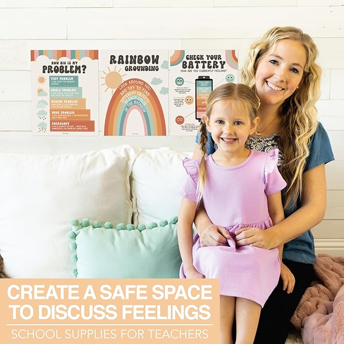 Hadley Designs 9 Calming Corner Posters For Classroom Must Haves For Teachers -11x14 Calm Down Corner Supplies, Feelings Chart For Kids Ages 4-8, Feelings Wheel Poster, Retro Classroom Decor