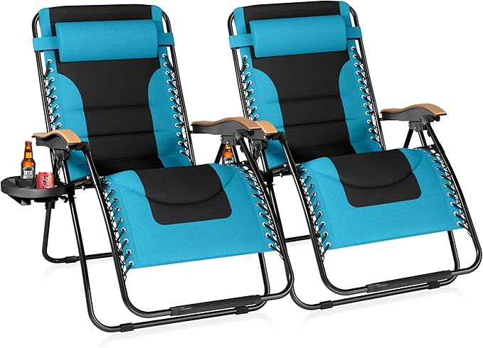 Sophia & William Oversized XL Zero Gravity Recliner Chair Set of 2 Padded Adjustable Folding Reclining Lounge Chair with Wide Armrest and Cup Holder, Support 400 LBS, Aqua
