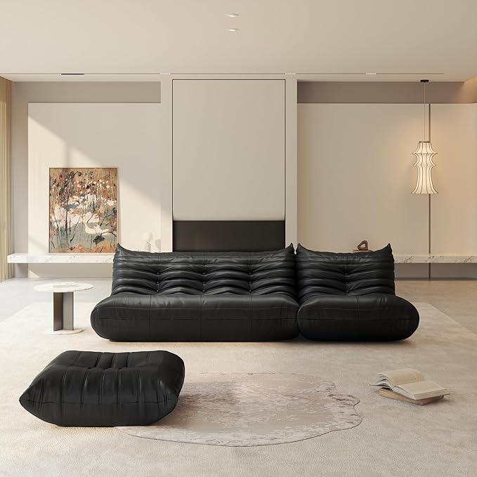 Fireside Chair Lazy Floor Sofa Set, Cozy Memory Foam Bean Bag Chairs, Faux Leather Giant Bean Bag Chair Couch, Armless Foam Couch Lounger Tatami Recliner for Living Room Bedroom Dorm Office