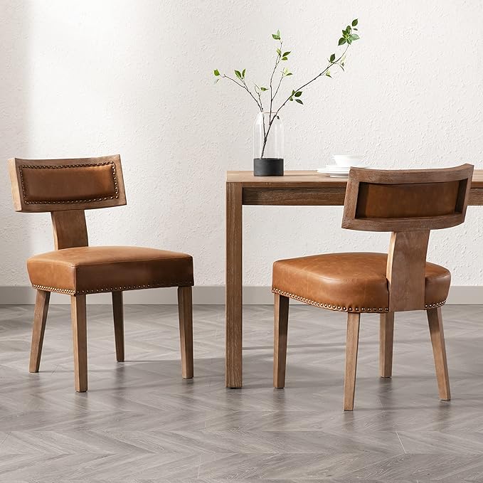 RIVOVA Mid Century Modern Dining Chairs Set of 2 PU Leather Upholstered Kitchen Side Chairs with Nailhead Trim, Modern Kitchen Armless Solid Wood Dining Chairs, Brown