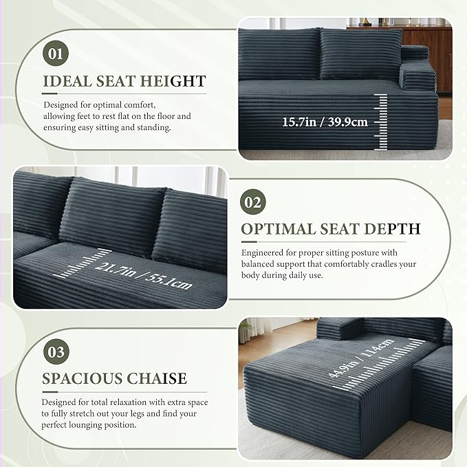 96" Sectional Couches for Living Room Cloud Couch Sofa with L-Shape Upholstered Boneless Couchs Modern Modular Sectional Couch with Chaise (Dark Grey, 96" W+Left Facing Chaise+2Seaters)
