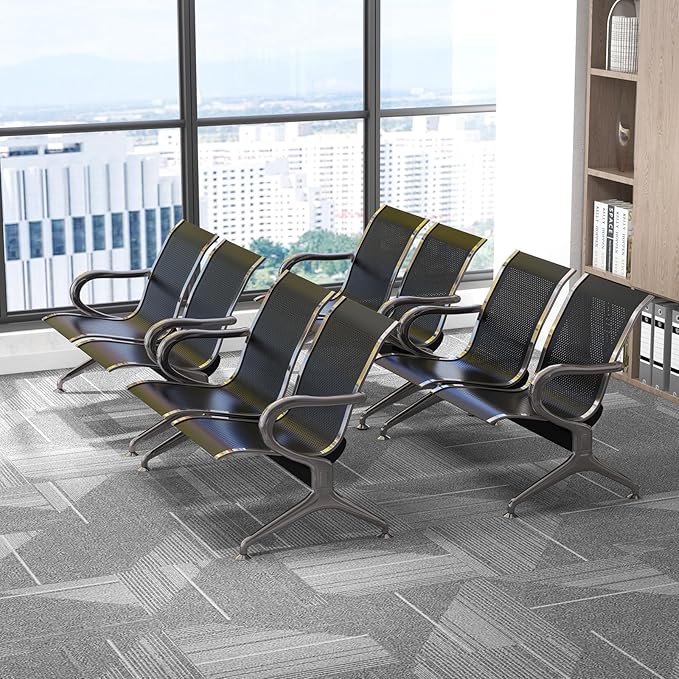 Kinfant 2-Seat Waiting Room Chair Bench Set- Office Guest Benches Reception Chairs with Arms for Airport, Hospital, Bank, Salon, Barbershop, Hall, Room Conference(Black Mesh, Set of 4)