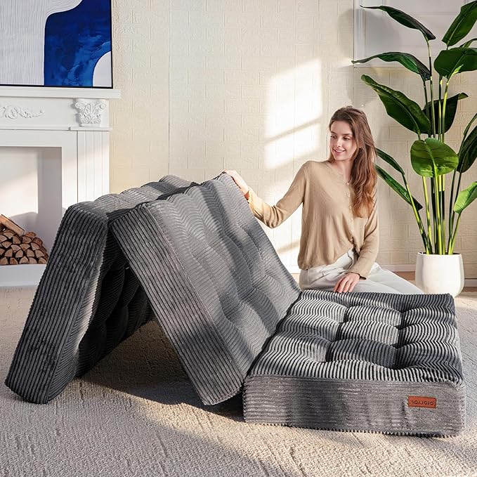 MAXYOYO Tri-Fold Mattress, 6 Inch Tufted Folding Futon Foam Bed, Foldable Floor Mattress Guest Bed Futon Topper Portable Camping Sleeping with Corded Fabric, Dark Grey, 35.4"x75"