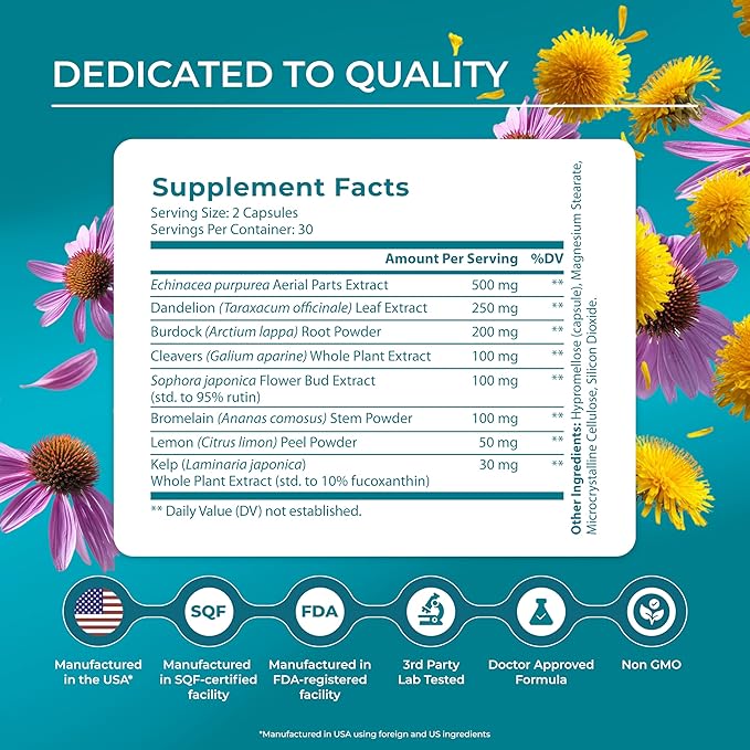 PUREHEALTH RESEARCH Lymph System Support Supplement - Lymphatic Drainage Supplement with Dandelion Extract, Cleavers, Burdock Powder - Reduce Swelling and Cleanse Lymph - 1 Bottle, Brown