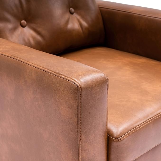 VESCASA Tufted Accent Arm Chair with Wood Legs, PU Faux Leather Comfy Upholstered Single Sofa, Mid Century Modern Side Club Leisure Chair for Reading/Living Room/Bedroom, Caramel