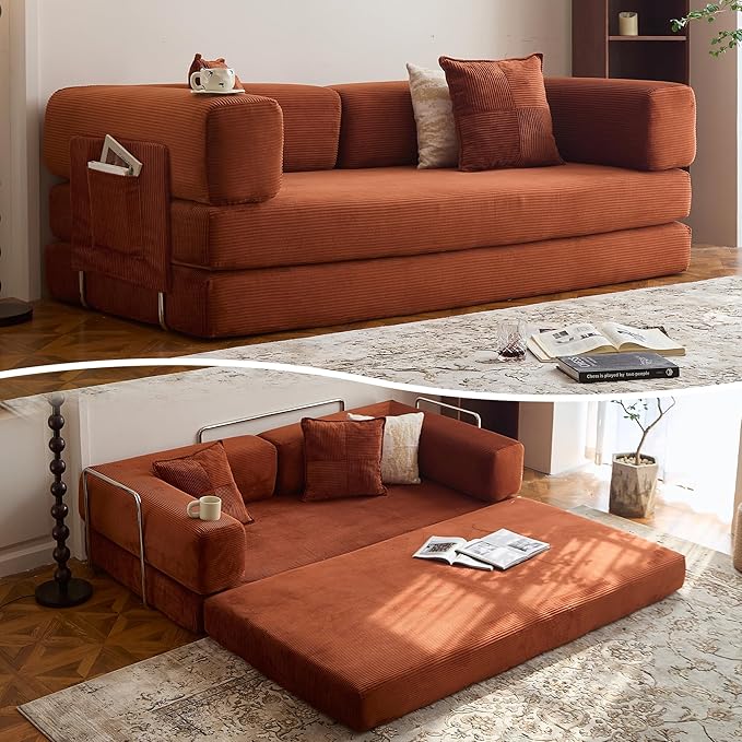 LIAROO 98.4" Convertible Sofa Bed - Compression Sofa with Corduroy Fabric - with Armrests and Backrest - Modular Sectional for Living Room, Bedroom, Studio - Compression Sofa in Box (Orange)