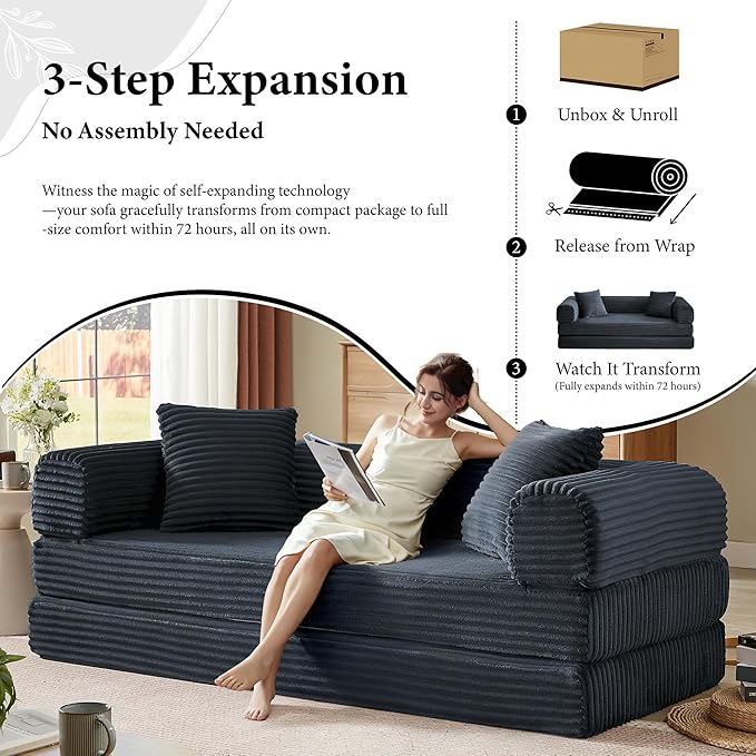 Chorlenimi Boneless Couch Futon Sofa Bed Sectional Couches for Living Room,Cloud Couch with Sleeper Sofa,Sofas for Living Room Oversized Corduroy Upholstered (Gray, 76 Inches (No Iron Frame))