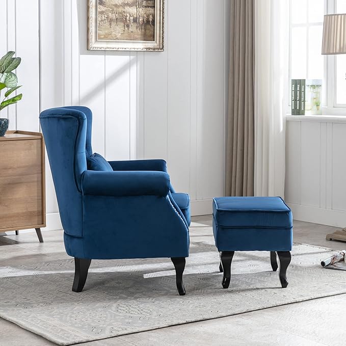 DM Furniture Accent Chairs with Ottoman Set of 2 Velvet Wingback Club Chair Upholstered Reading Chair Lounge Chairs with Wood Legs/Button Tufted Back for Bedroom Living Room, Blue